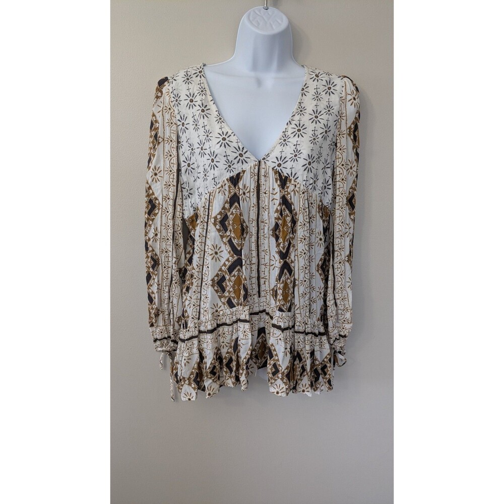 Free People Tunic Top XS Boho Flowy Festival Hippie Puff Sleeve Patchwork A-Line